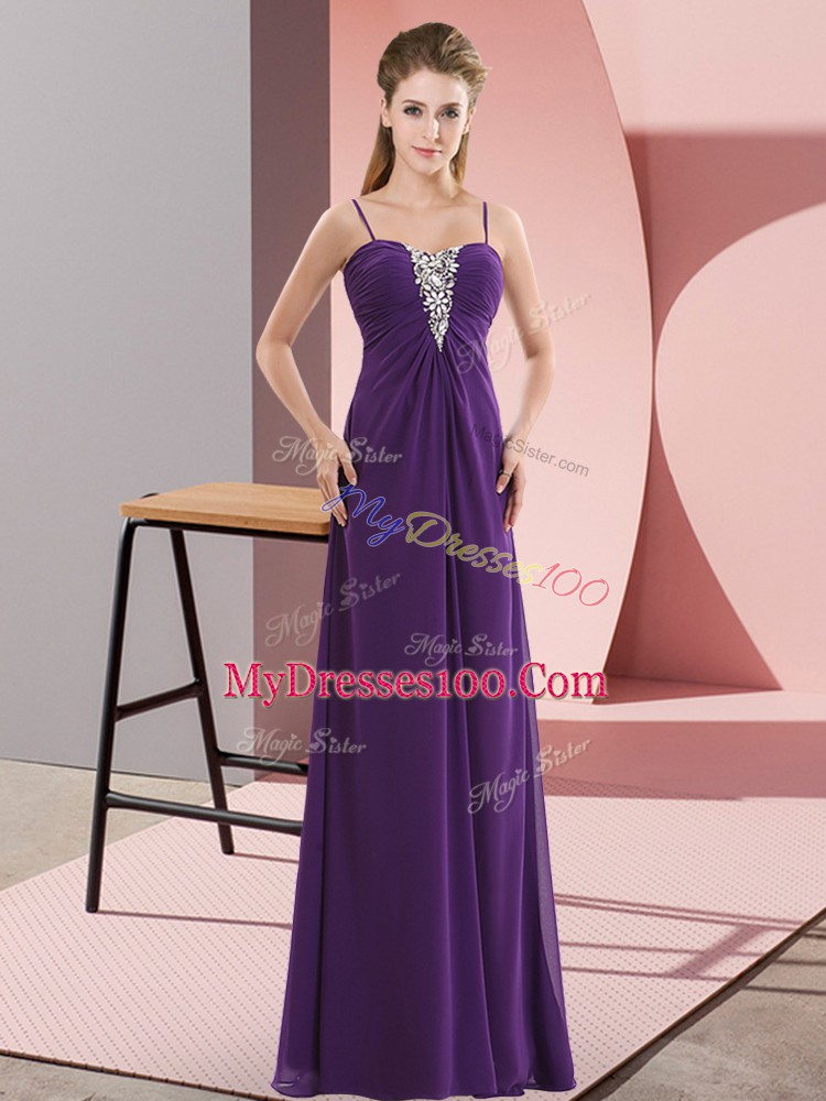 Best Floor Length Purple Prom Evening Gown Chiffon Sleeveless Beading