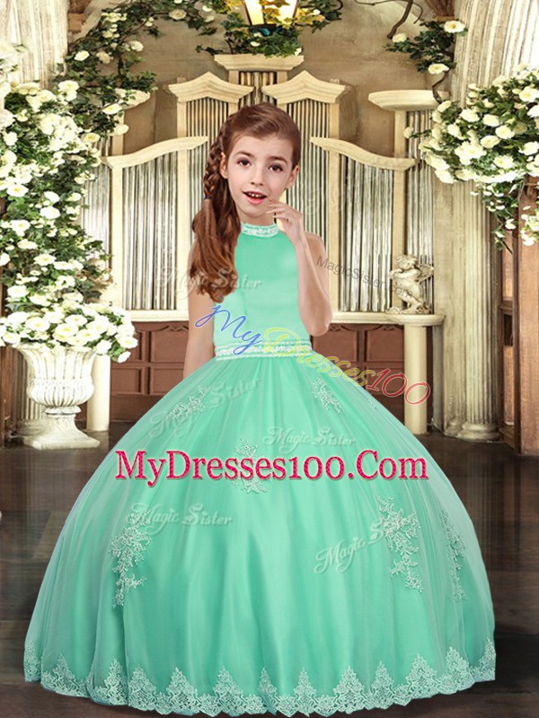 Superior Apple Green High-neck Backless Appliques Girls Pageant Dresses Sleeveless