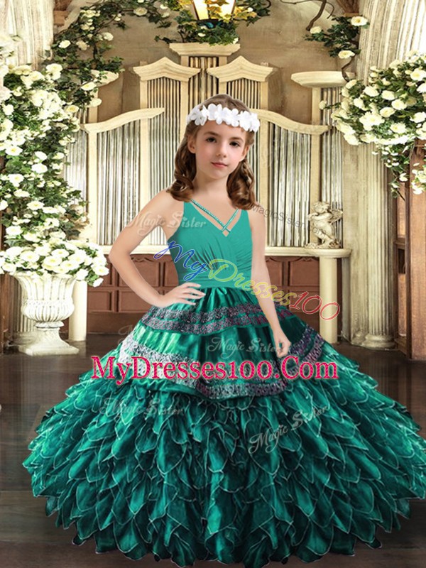 Exquisite Turquoise Organza Zipper Kids Formal Wear Sleeveless Floor Length Appliques and Ruffles