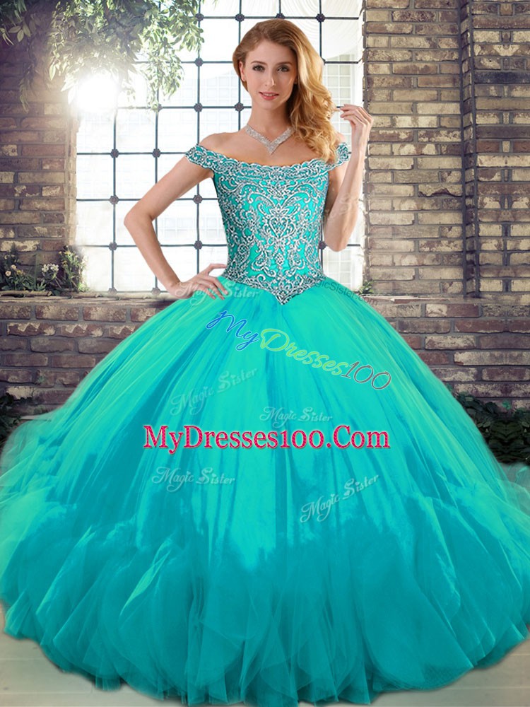 Sumptuous Aqua Blue Sleeveless Tulle Lace Up 15th Birthday Dress for Military Ball and Sweet 16 and Quinceanera