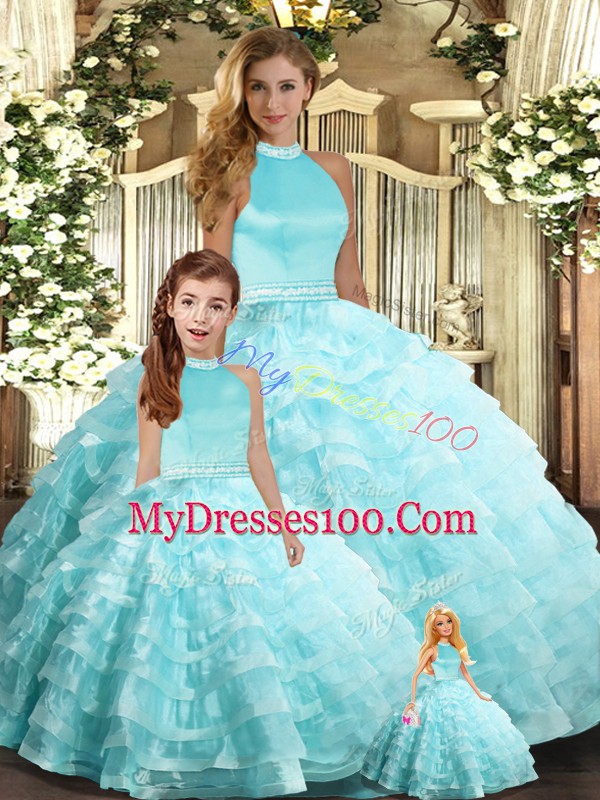 Artistic Aqua Blue Sleeveless Beading and Ruffled Layers Floor Length Sweet 16 Dress