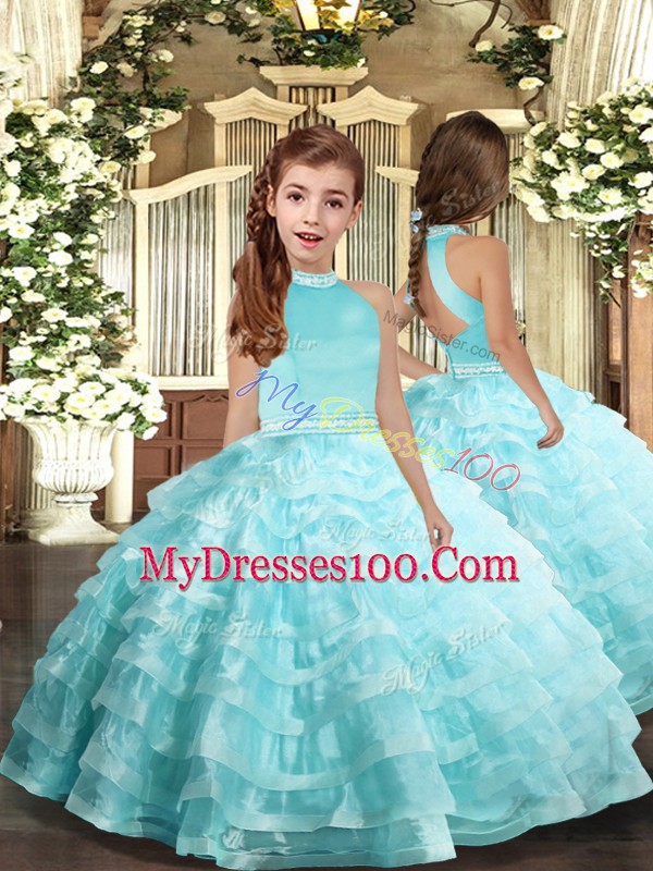 Artistic Aqua Blue Sleeveless Beading and Ruffled Layers Floor Length Sweet 16 Dress
