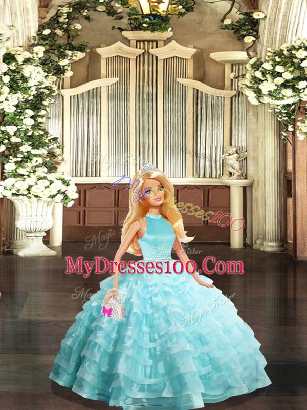 Artistic Aqua Blue Sleeveless Beading and Ruffled Layers Floor Length Sweet 16 Dress