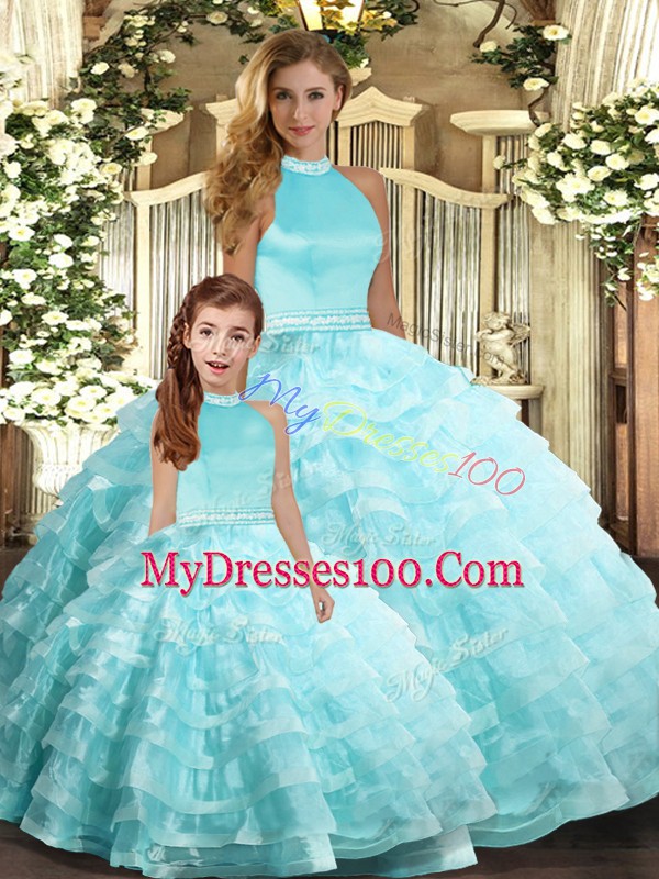 Artistic Aqua Blue Sleeveless Beading and Ruffled Layers Floor Length Sweet 16 Dress