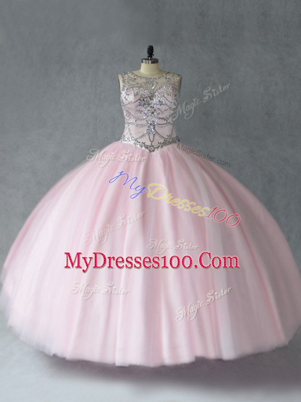 Tulle Sleeveless Floor Length Quinceanera Gowns and Beading