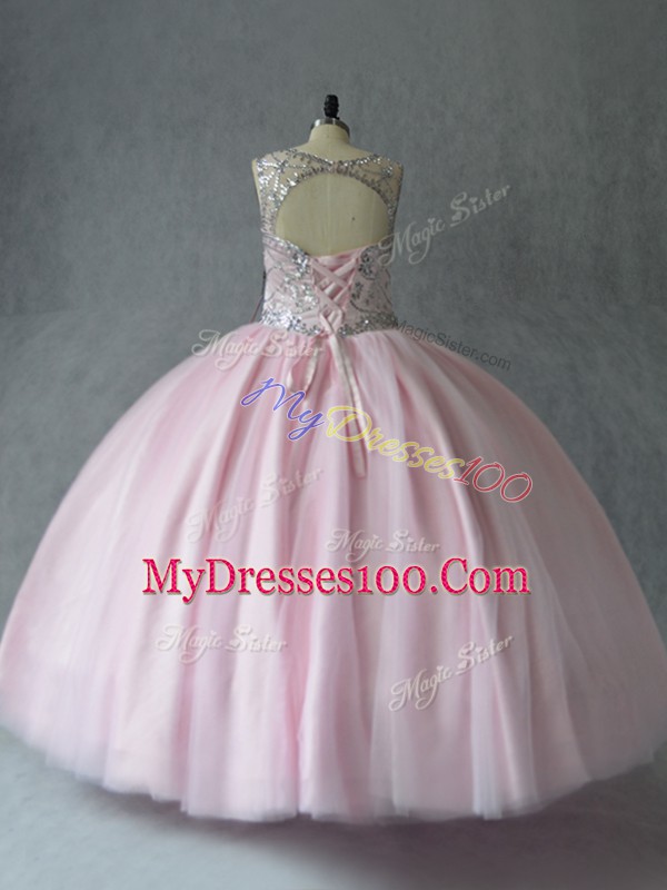 Tulle Sleeveless Floor Length Quinceanera Gowns and Beading
