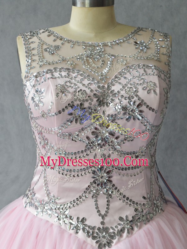 Tulle Sleeveless Floor Length Quinceanera Gowns and Beading