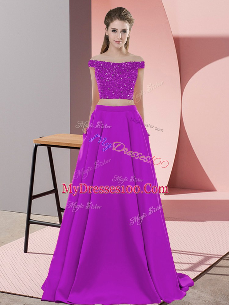 Purple Backless Prom Evening Gown Beading Sleeveless Sweep Train