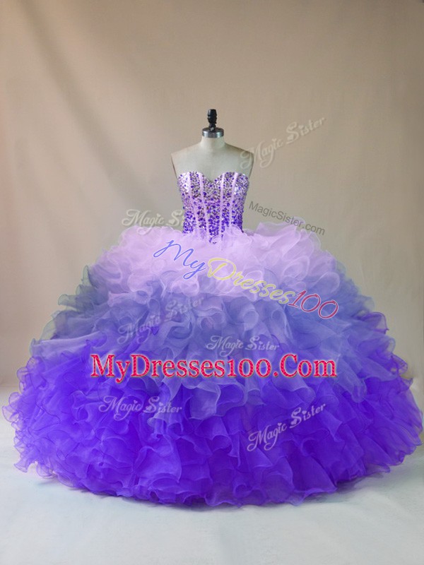 Sleeveless Floor Length Beading and Ruffles Lace Up Quinceanera Dress with Multi-color