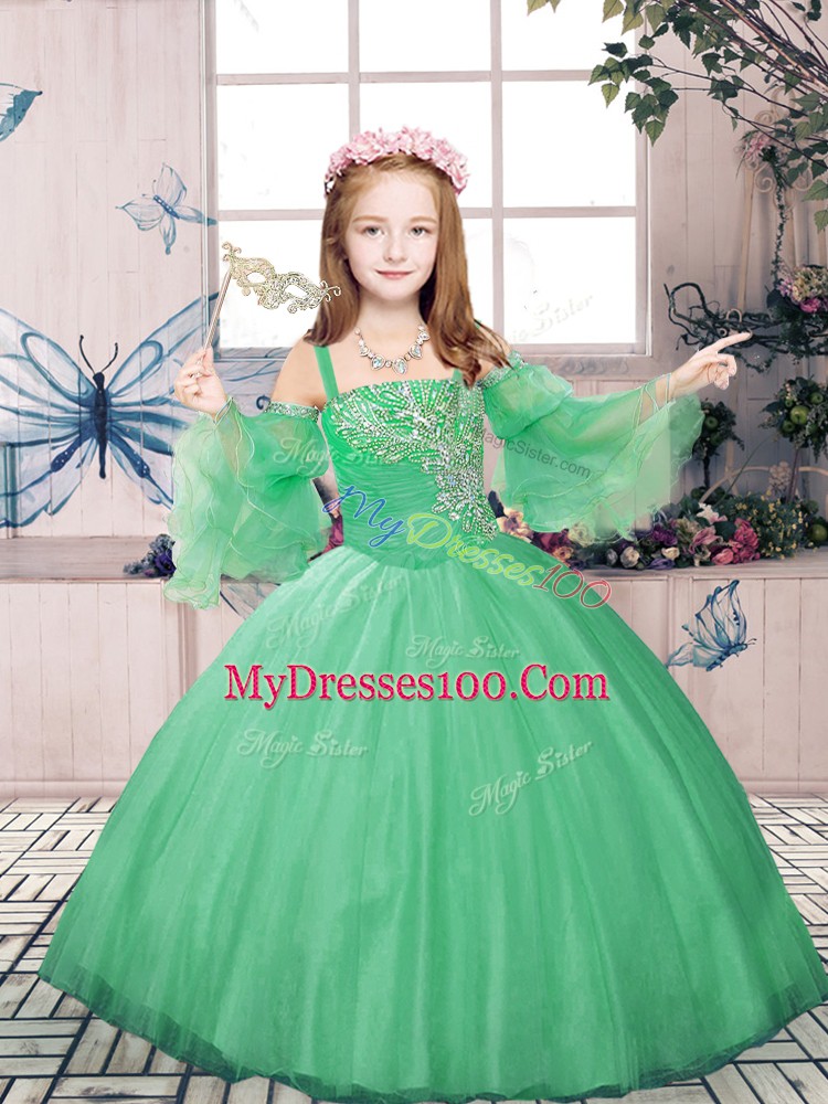 Charming Straps Sleeveless Pageant Dress for Womens Floor Length Beading Green Tulle