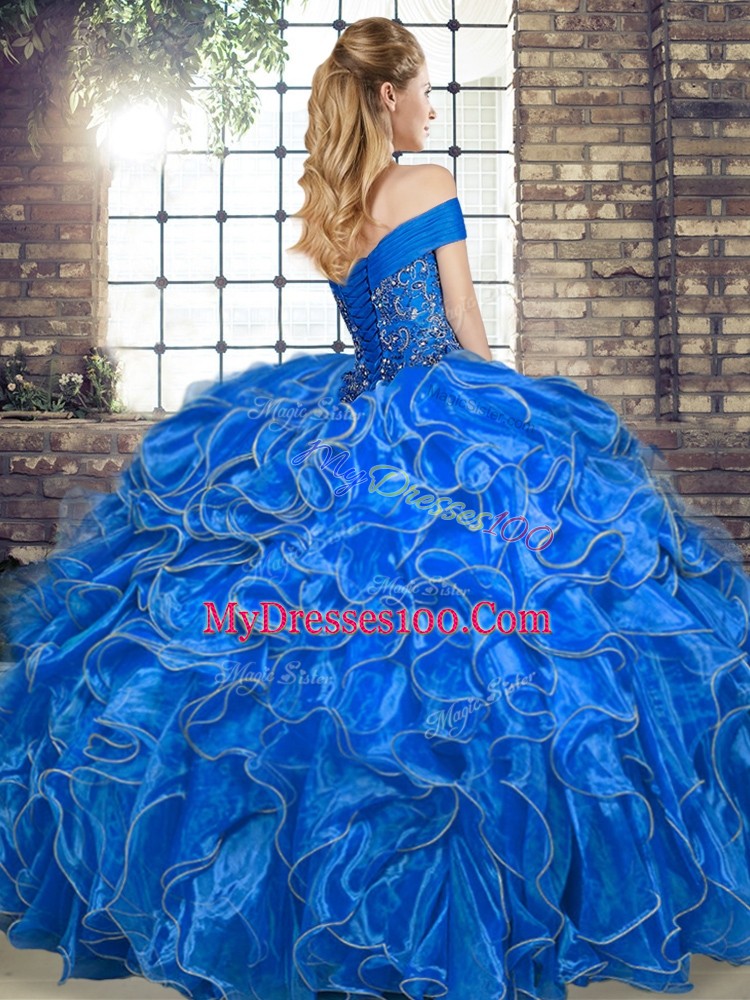 Shining Hot Pink Lace Up Off The Shoulder Beading and Ruffles Quinceanera Dresses Organza Sleeveless