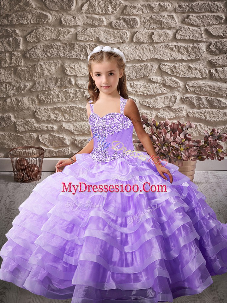 Straps Sleeveless Child Pageant Dress Brush Train Beading and Ruffled Layers Lavender Organza