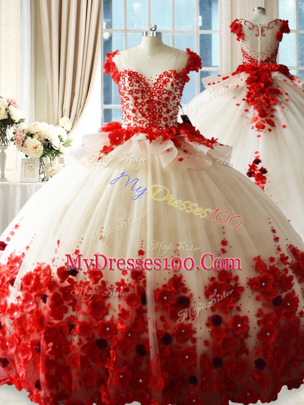 Sleeveless Hand Made Flower Zipper Ball Gown Prom Dress with Red Brush Train