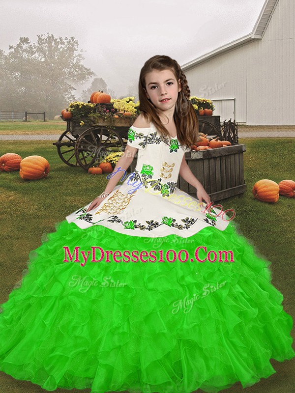 Green Organza Lace Up Straps Sleeveless Floor Length Little Girls Pageant Dress Embroidery and Ruffles