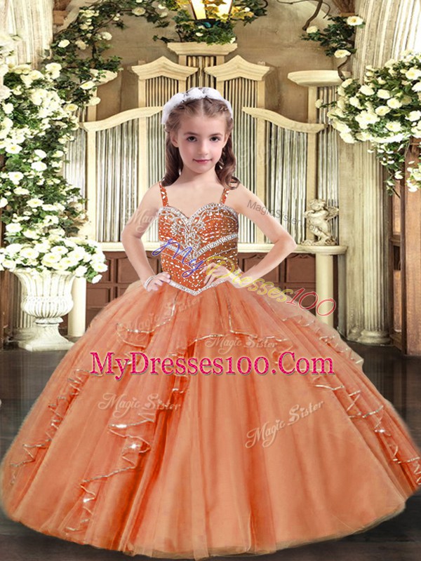 Graceful Straps Sleeveless Pageant Dress for Girls Floor Length Beading Peach Tulle