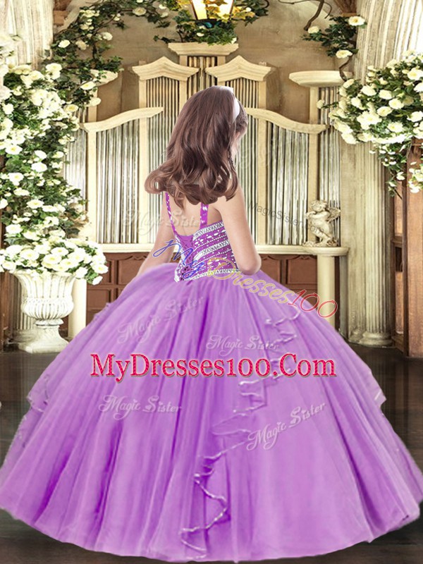 Graceful Straps Sleeveless Pageant Dress for Girls Floor Length Beading Peach Tulle