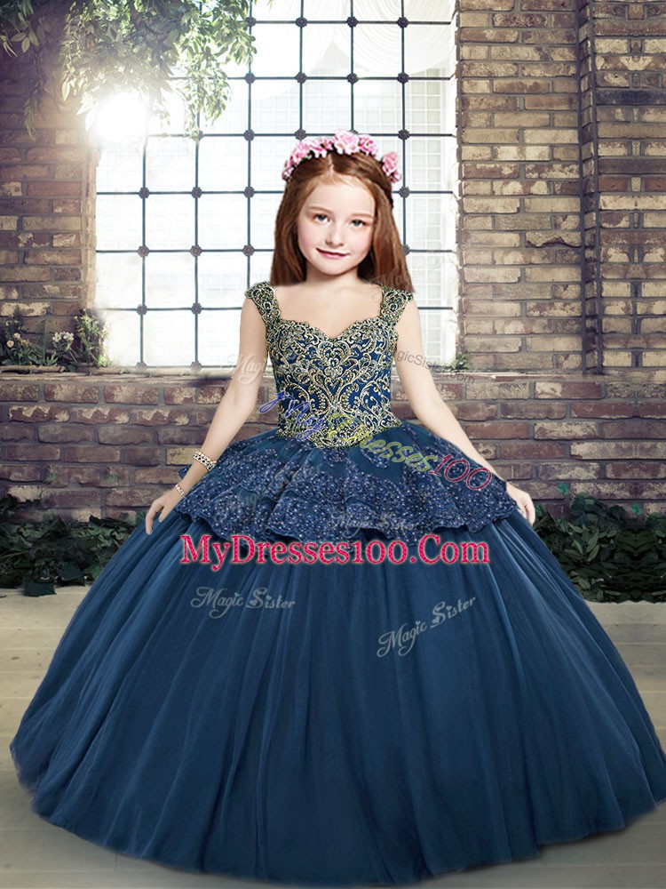 Navy Blue Lace Up Straps Beading and Appliques Child Pageant Dress Tulle Sleeveless