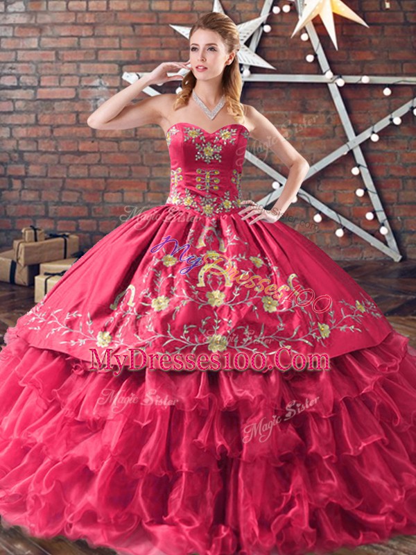 Cute Red Sweetheart Neckline Embroidery and Ruffled Layers 15 Quinceanera Dress Sleeveless Lace Up