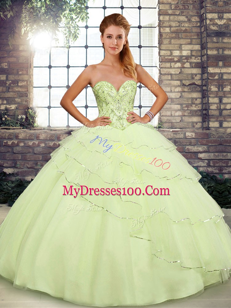 Edgy Sleeveless Brush Train Beading and Ruffled Layers Lace Up Quinceanera Dresses