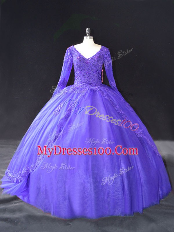 Modest Purple Ball Gowns V-neck Long Sleeves Tulle Floor Length Lace Up Lace and Appliques Quince Ball Gowns