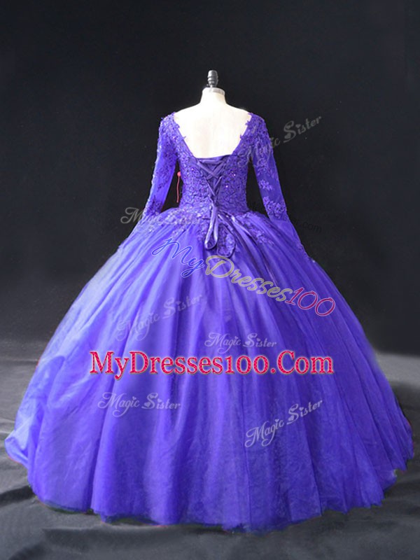 Modest Purple Ball Gowns V-neck Long Sleeves Tulle Floor Length Lace Up Lace and Appliques Quince Ball Gowns