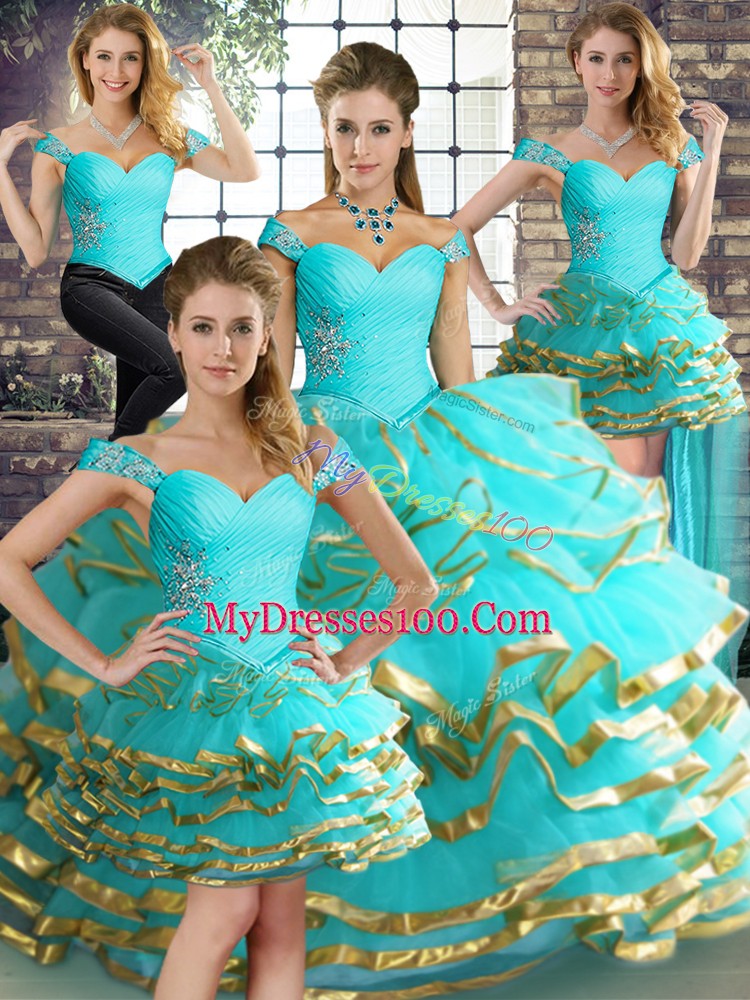 Aqua Blue Sleeveless Floor Length Beading and Ruffled Layers Lace Up Quinceanera Gowns