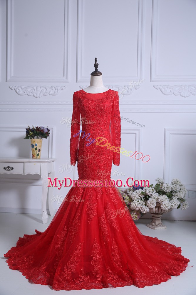 Red Prom Dresses Tulle Court Train Long Sleeves Lace