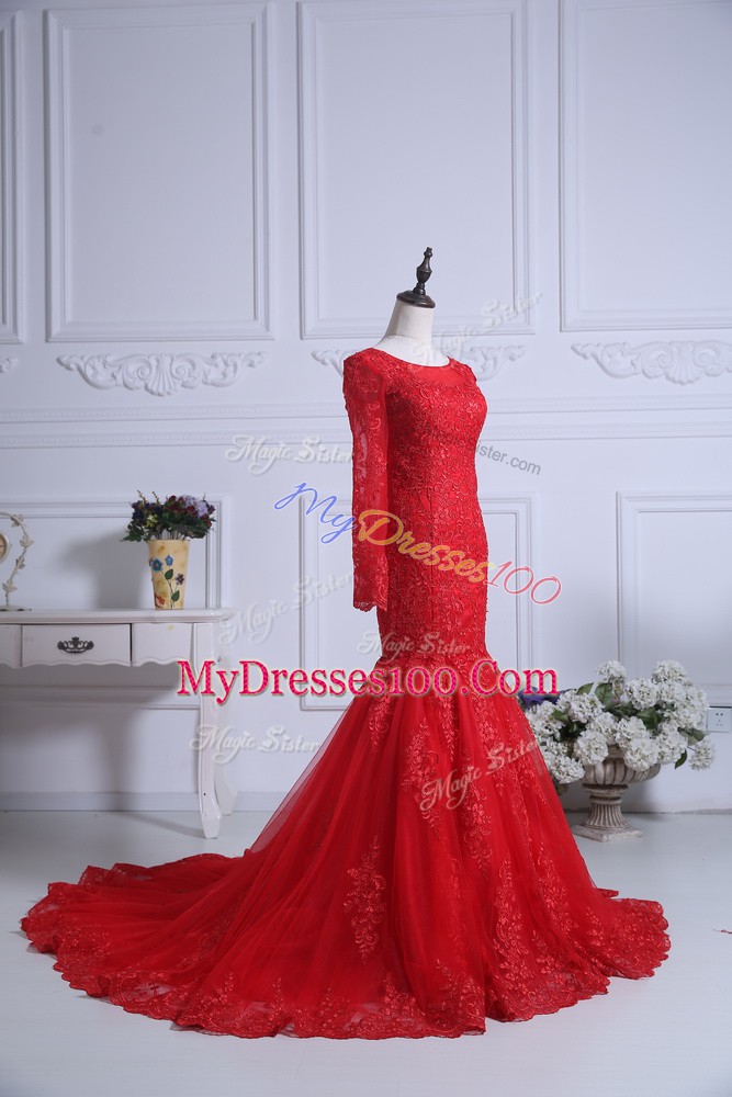 Red Prom Dresses Tulle Court Train Long Sleeves Lace