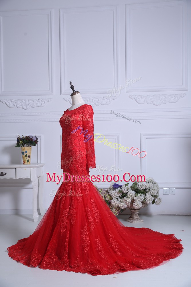 Red Prom Dresses Tulle Court Train Long Sleeves Lace
