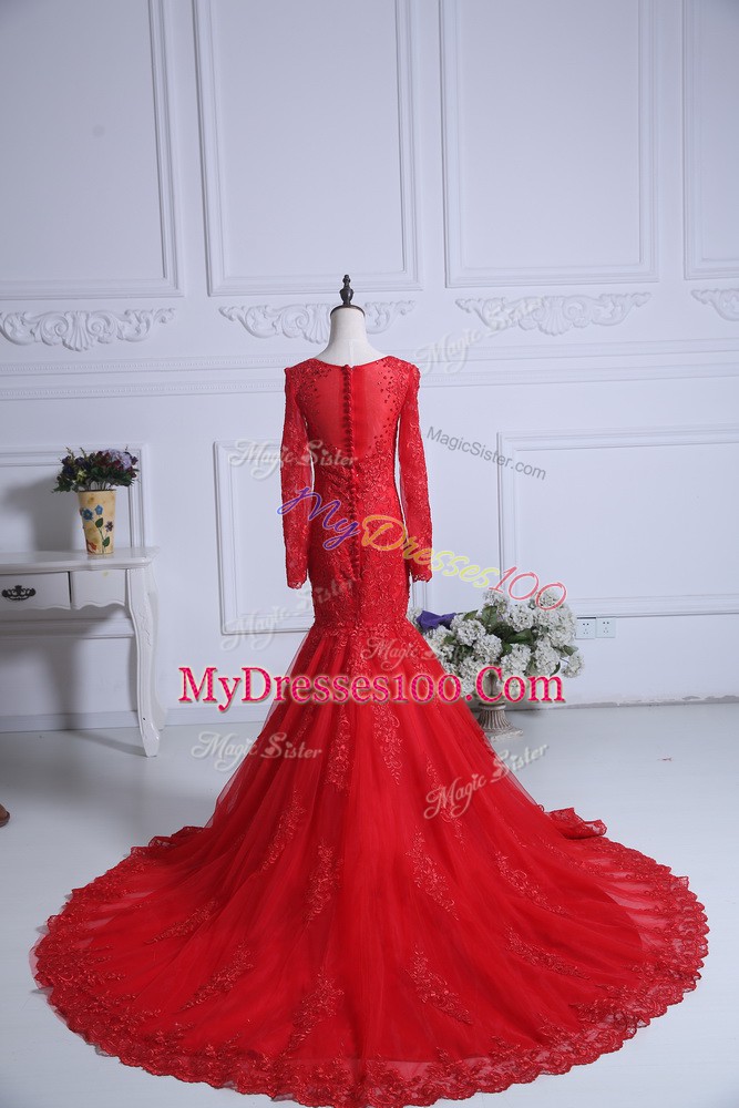 Red Prom Dresses Tulle Court Train Long Sleeves Lace