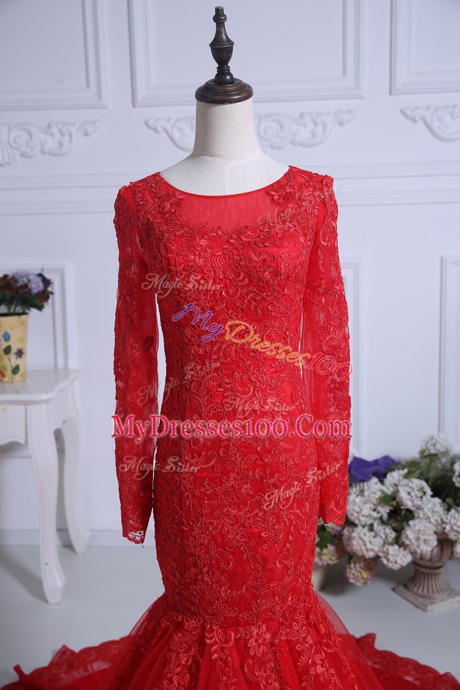 Red Prom Dresses Tulle Court Train Long Sleeves Lace