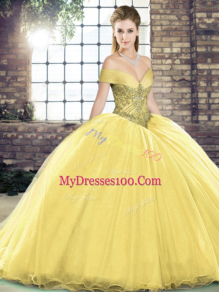 Suitable Gold Ball Gowns Beading Vestidos de Quinceanera Lace Up Organza Sleeveless