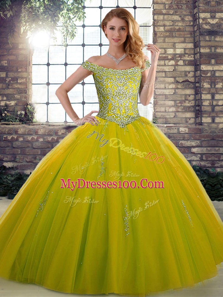 Hot Selling Sleeveless Floor Length Beading Lace Up Sweet 16 Dress with Olive Green