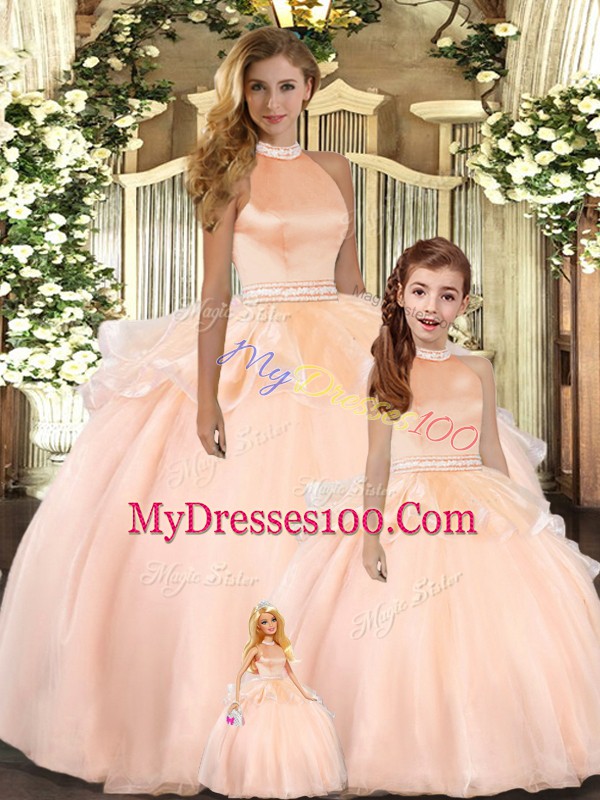 Floor Length Peach 15 Quinceanera Dress Halter Top Sleeveless Backless