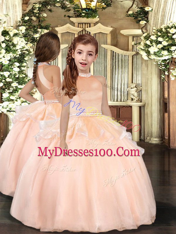Floor Length Peach 15 Quinceanera Dress Halter Top Sleeveless Backless