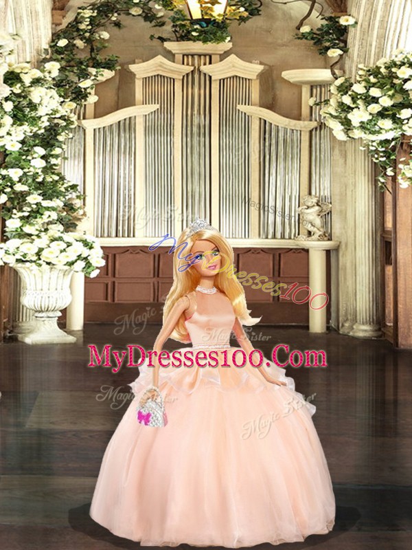 Floor Length Peach 15 Quinceanera Dress Halter Top Sleeveless Backless