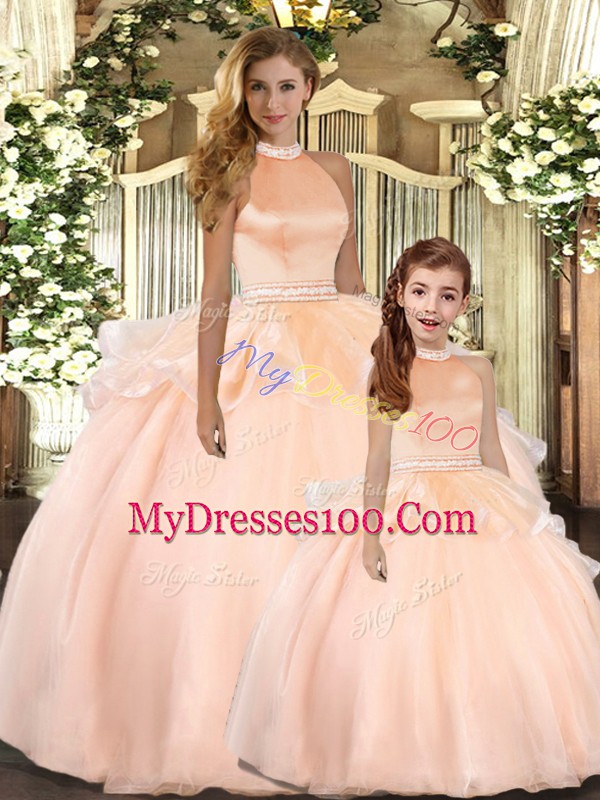 Floor Length Peach 15 Quinceanera Dress Halter Top Sleeveless Backless