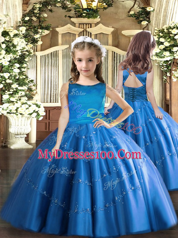 Luxurious Floor Length Blue Little Girls Pageant Dress Wholesale Scoop Sleeveless Lace Up