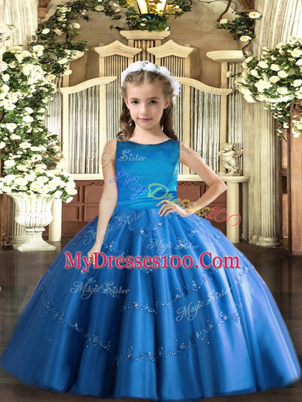 Luxurious Floor Length Blue Little Girls Pageant Dress Wholesale Scoop Sleeveless Lace Up