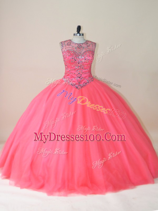Watermelon Red Ball Gowns Beading Vestidos de Quinceanera Lace Up Tulle Sleeveless Floor Length
