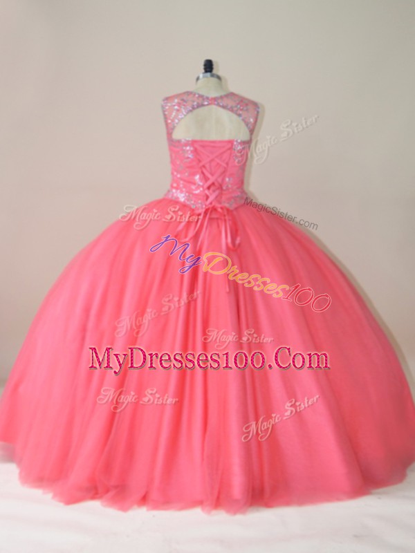 Watermelon Red Ball Gowns Beading Vestidos de Quinceanera Lace Up Tulle Sleeveless Floor Length