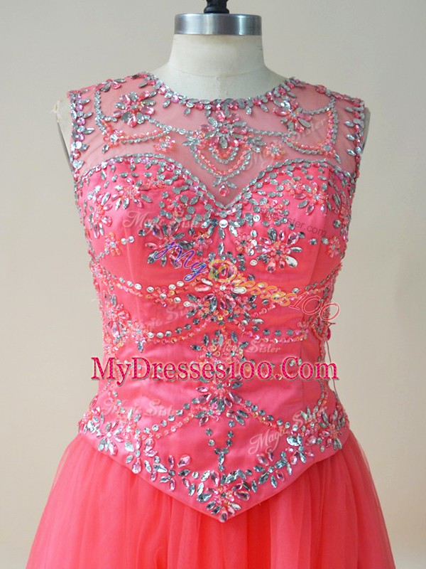 Watermelon Red Ball Gowns Beading Vestidos de Quinceanera Lace Up Tulle Sleeveless Floor Length