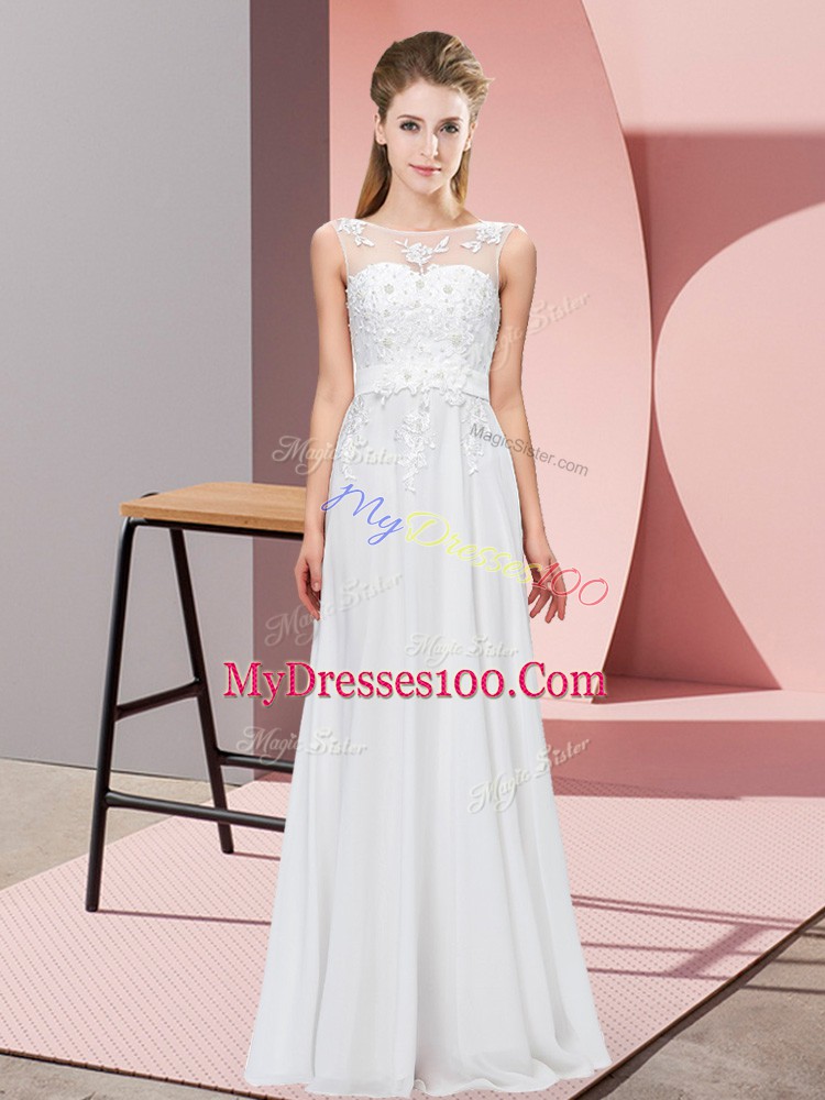 Latest White Empire Beading and Appliques Quinceanera Dama Dress Zipper Chiffon Sleeveless Floor Length