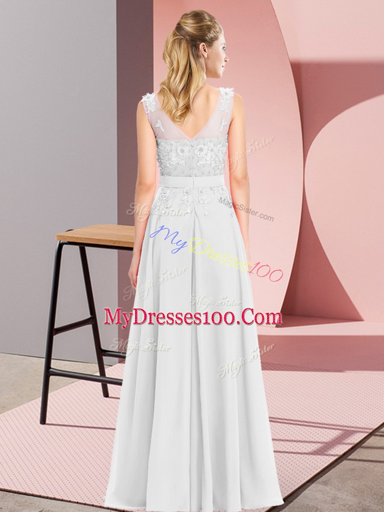 Latest White Empire Beading and Appliques Quinceanera Dama Dress Zipper Chiffon Sleeveless Floor Length