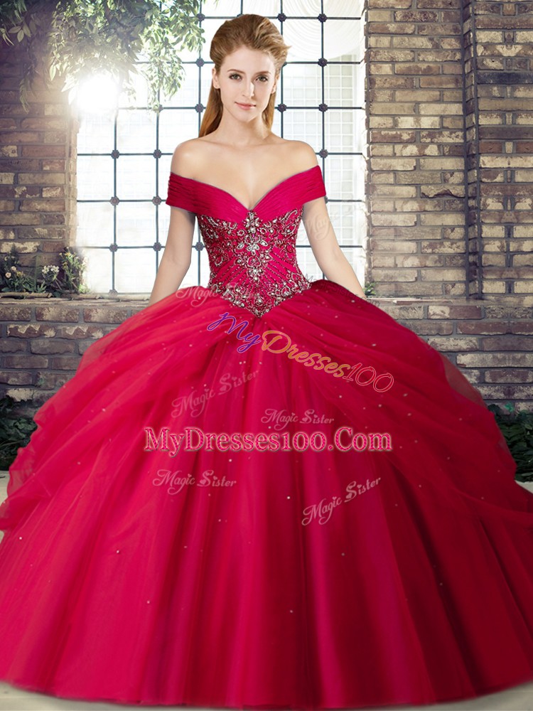 Beading and Pick Ups Quinceanera Gown Red Lace Up Sleeveless Brush Train
