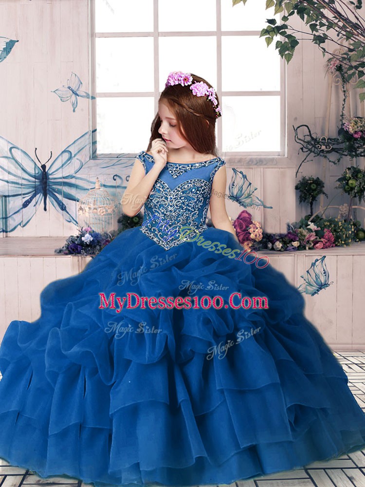 Beading and Pick Ups Little Girls Pageant Gowns Blue Zipper Sleeveless Floor Length