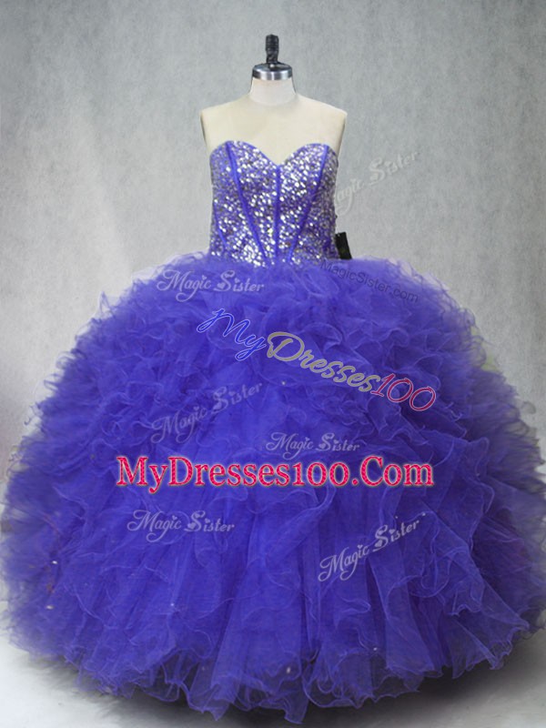 Purple Tulle Lace Up Sweetheart Sleeveless Floor Length Quinceanera Gown Beading and Ruffles