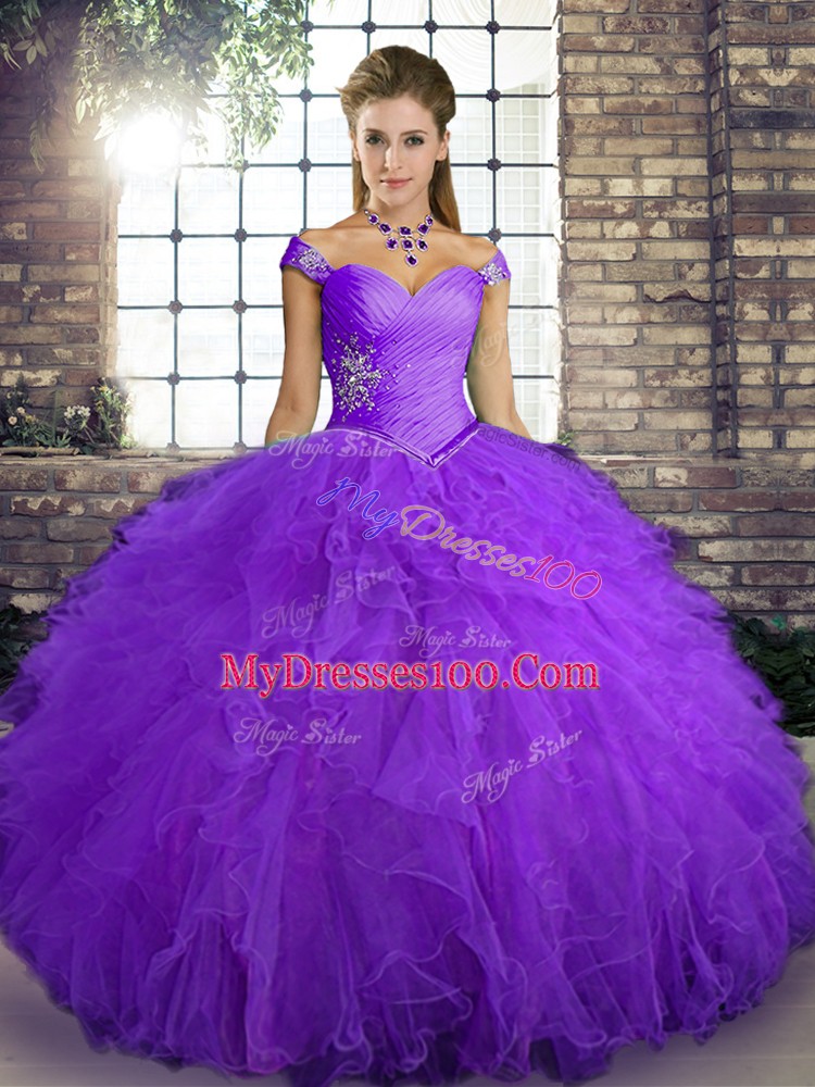 Floor Length Lace Up 15th Birthday Dress Purple for Military Ball and Sweet 16 and Quinceanera with Beading and Ruffles