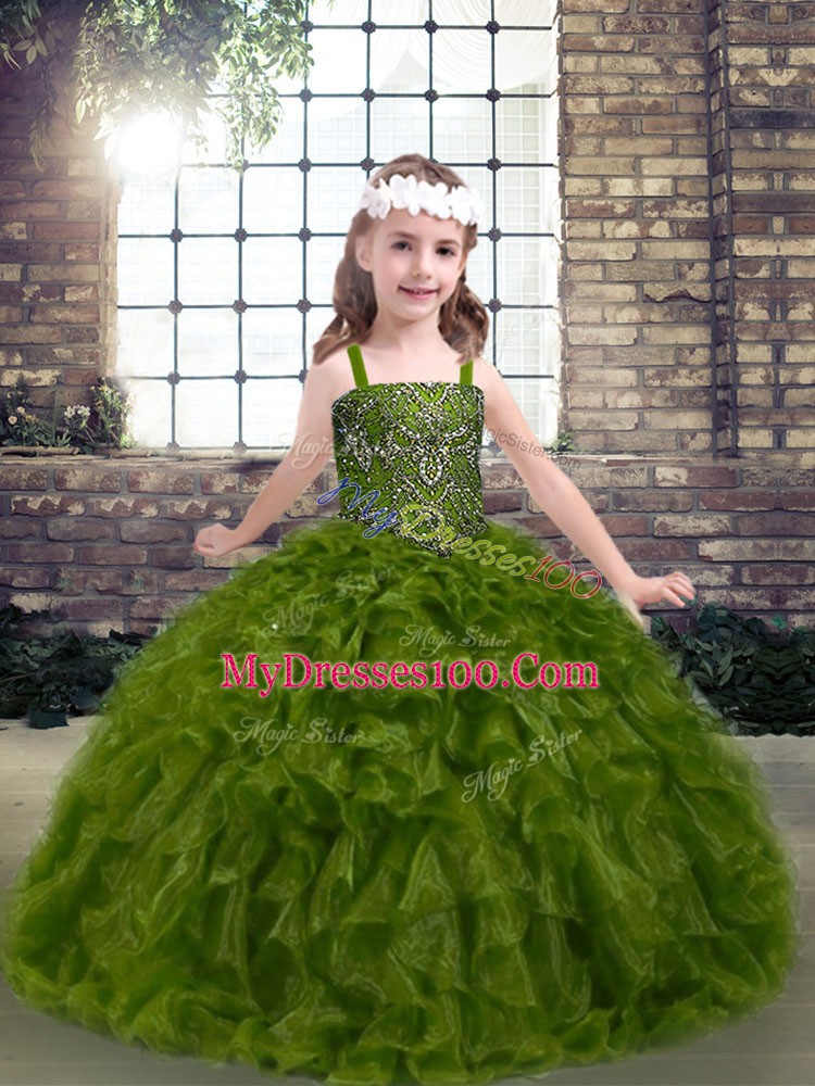 Olive Green Ball Gowns Beading and Ruffles Little Girls Pageant Gowns Lace Up Organza Sleeveless Floor Length