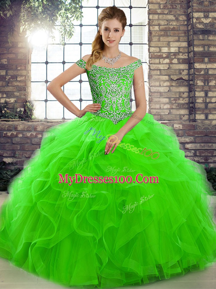 Tulle Sleeveless Sweet 16 Dresses Brush Train and Beading and Ruffles
